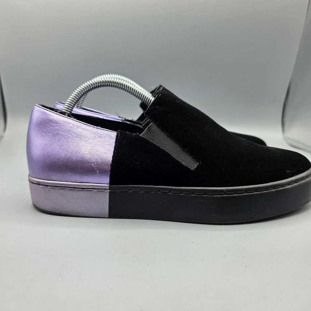 Free People Varsity Sneakers Womens 37 Black Velvet Purple Leather Metallic Shoe